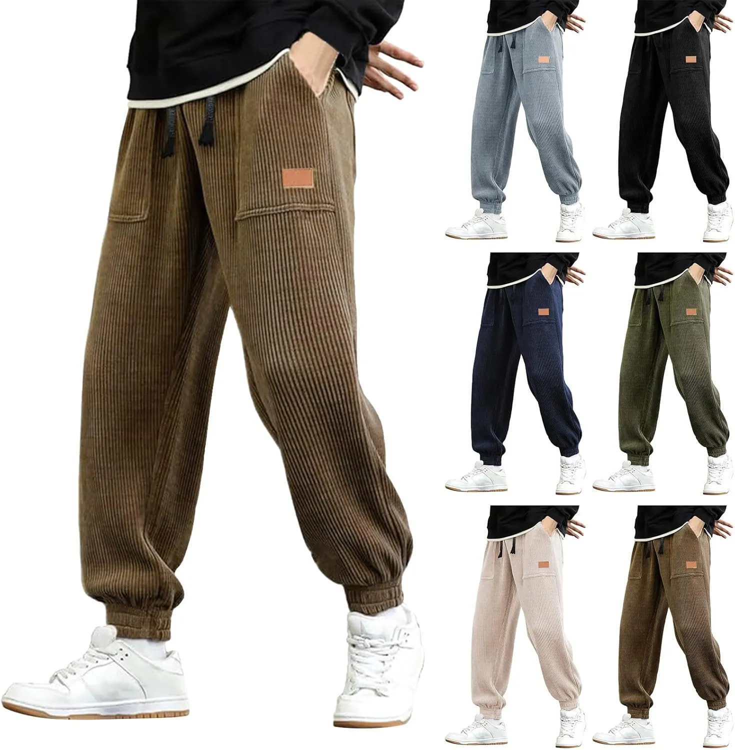 Mens Sweatpants Joggers Corduroy Baggy Sweatpants Cinch Bottoms Straight Leg Elastic Waist Casual Drawstring Joggers