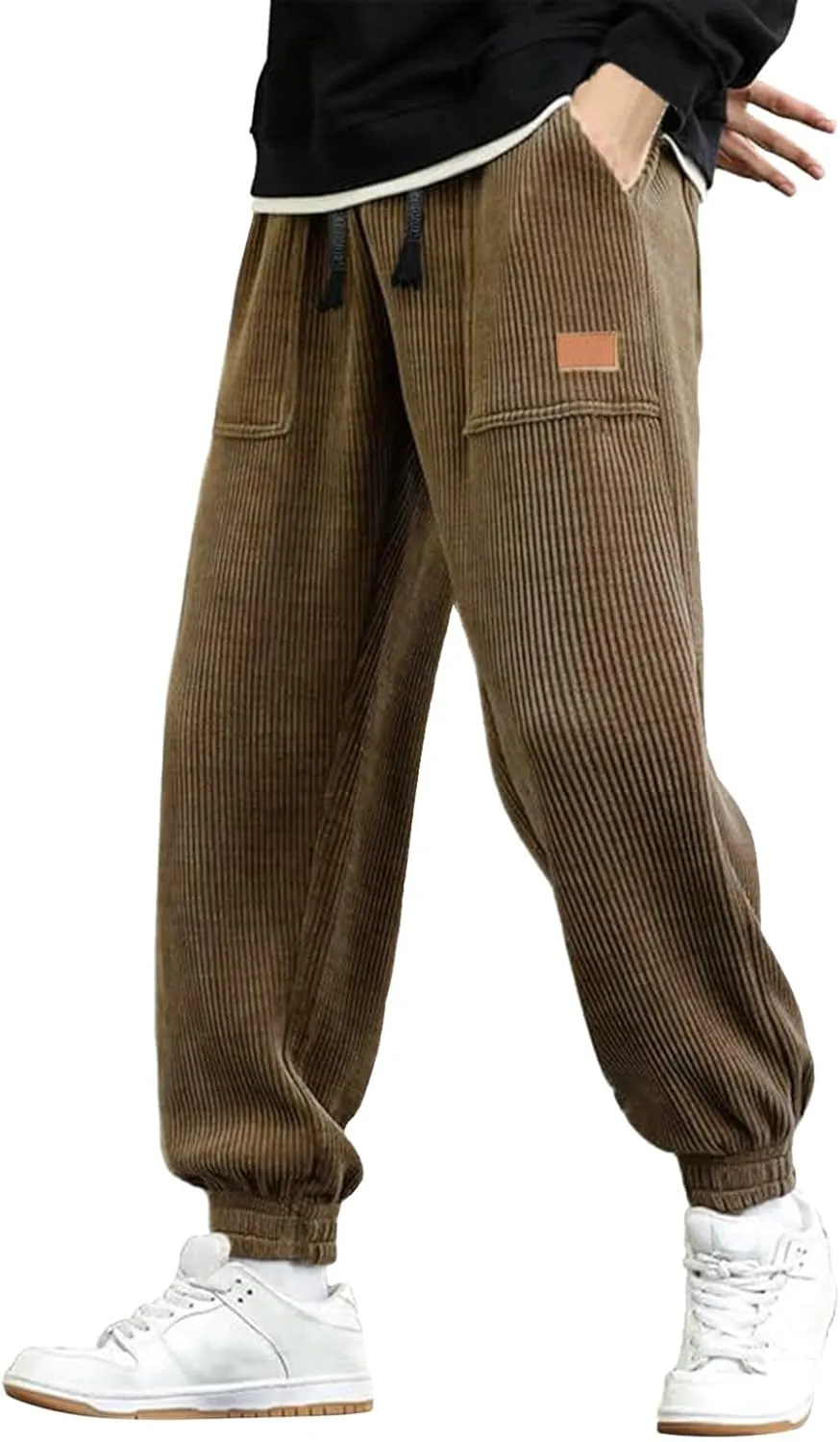 Mens Sweatpants Joggers Corduroy Baggy Sweatpants Cinch Bottoms Straight Leg Elastic Waist Casual Drawstring Joggers