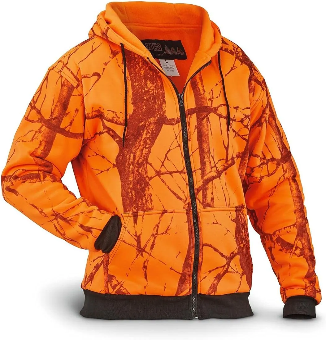 Men's Thermal Lined Fleece Blaze Orange Camo Hooded Sweatshirt, Blaze Camo, LARGE