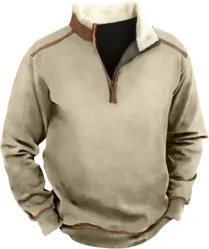 Men's Vintage Western Cowboy Zipper Sweatshirt Fluffy Fleece Sweater 1/4 Zip Stand Collar Cowboy Print Jacket Coats