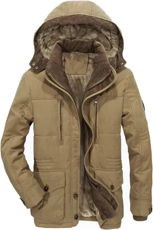 Men's Warm Parka Jacket Military Jacket Fleece Lined Warm Cargo Jackets with Detachable Hood Faux-Fur Trim
