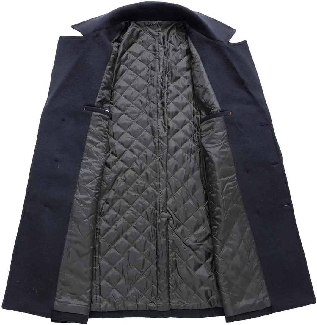 Men's Winter Coat Wool Blend Trench Overcoat Casual Double Breasted Long Pea Topcoat