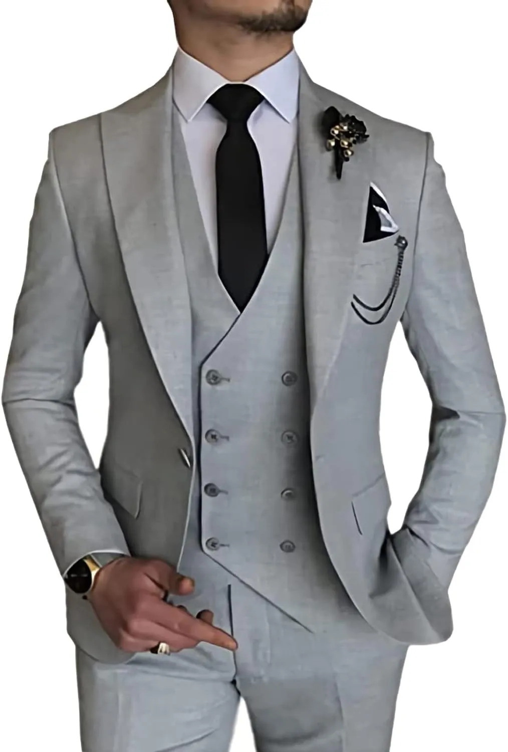 MOGU Mens 3 Piece Suit Slim Fit Tuxedo for Homecoming Wedding Prom Blazer Jacket Size 42 and Pants Waist 36 Light Grey