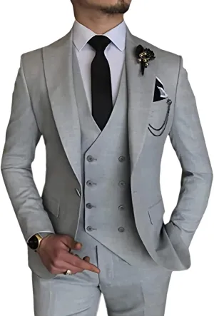MOGU Mens 3 Piece Suit Slim Fit Tuxedo for Homecoming Wedding Prom Blazer Jacket Size 42 and Pants Waist 36 Light Grey