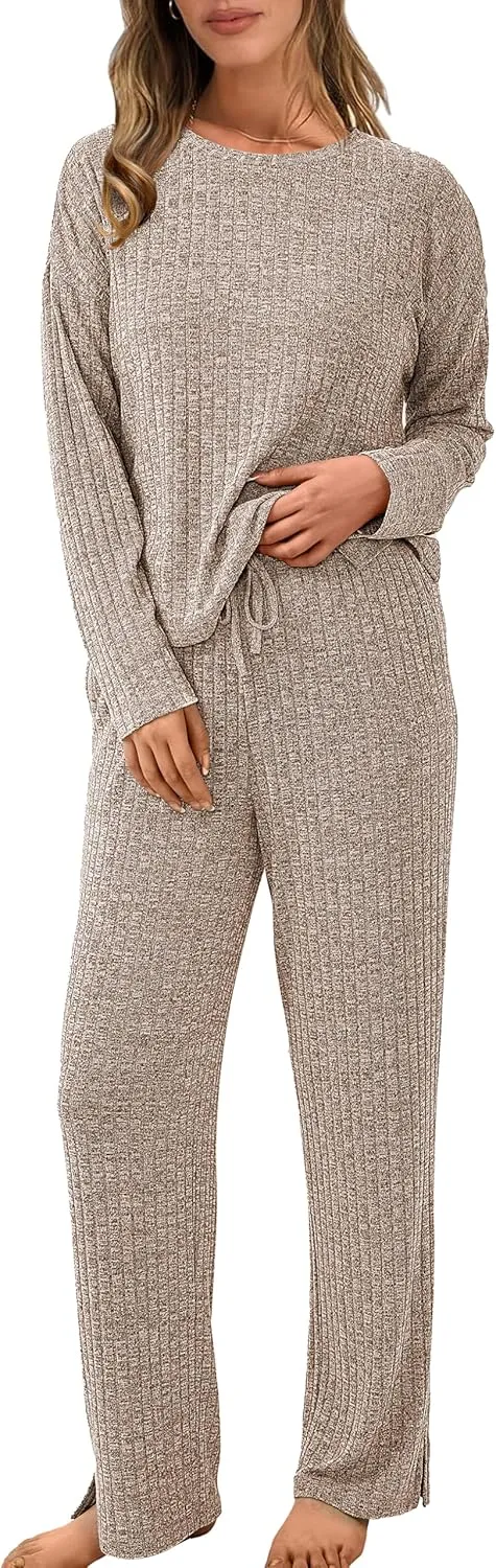 NORACORA Pajamas for Women Set Two Piece Lounge Set Long Sleeve Top Cute Pj Pants Casual Matching Pajamas Sweater Knit Sets Khaki S