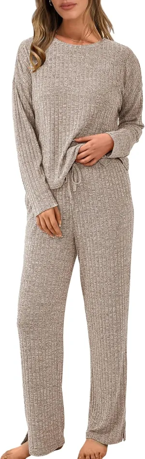 NORACORA Pajamas for Women Set Two Piece Lounge Set Long Sleeve Top Cute Pj Pants Casual Matching Pajamas Sweater Knit Sets Khaki S