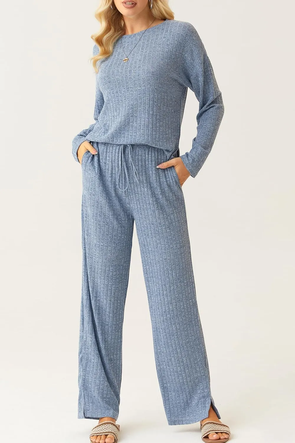 NORACORA Womens 2 Piece Lounge Pajamas Set Cute Ribbed Sweater Knit Casual Sleepwear Long Sleeve Pj Pants Sets with Pockets
