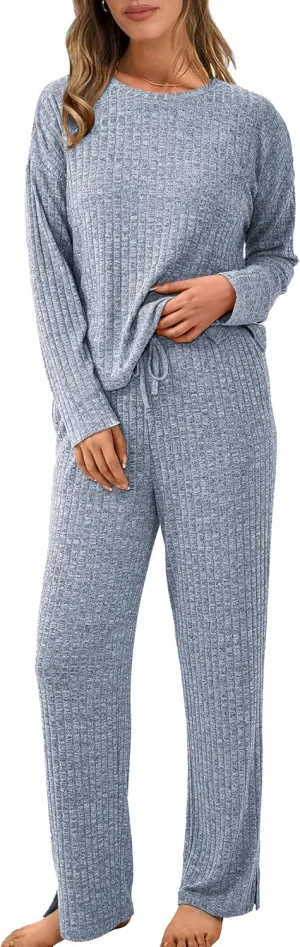 NORACORA Womens 2 Piece Lounge Pajamas Set Cute Ribbed Sweater Knit Casual Sleepwear Long Sleeve Pj Pants Sets with Pockets