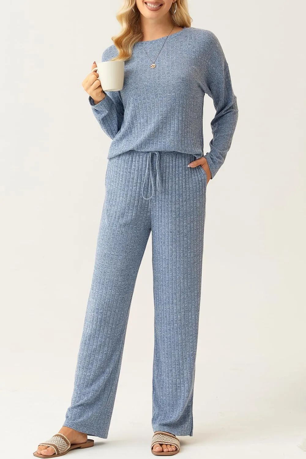 NORACORA Womens 2 Piece Lounge Pajamas Set Cute Ribbed Sweater Knit Casual Sleepwear Long Sleeve Pj Pants Sets with Pockets