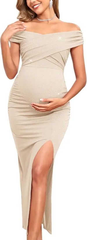 Off Shoulder Maternity Sparkly Split Dress Stretchy Fitted Pregnancy Dresses Semi Formal Baby Shower Photoshoot