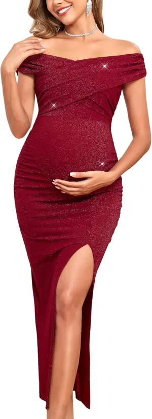 Off Shoulder Maternity Sparkly Split Dress Stretchy Fitted Pregnancy Dresses Semi Formal Baby Shower Photoshoot