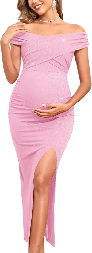 Off Shoulder Maternity Sparkly Split Dress Stretchy Fitted Pregnancy Dresses Semi Formal Baby Shower Photoshoot