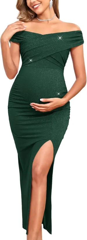Off Shoulder Maternity Sparkly Split Dress Stretchy Fitted Pregnancy Dresses Semi Formal Baby Shower Photoshoot
