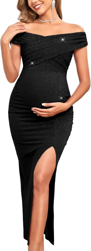 Off Shoulder Maternity Sparkly Split Dress Stretchy Fitted Pregnancy Dresses Semi Formal Baby Shower Photoshoot