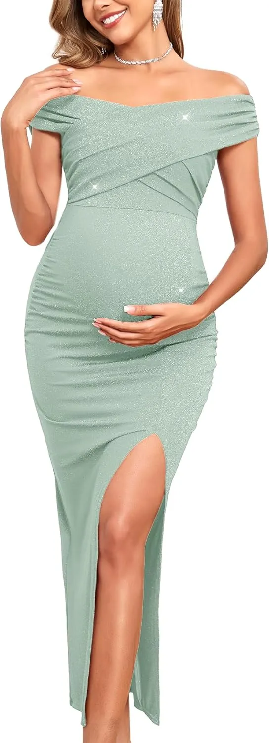 Off Shoulder Maternity Sparkly Split Dress Stretchy Fitted Pregnancy Dresses Semi Formal Baby Shower Photoshoot