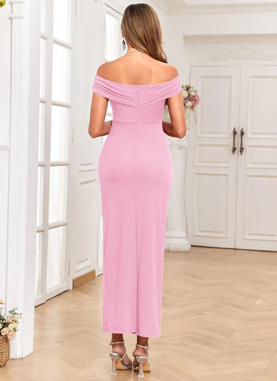 Off Shoulder Maternity Sparkly Split Dress Stretchy Fitted Pregnancy Dresses Semi Formal Baby Shower Photoshoot