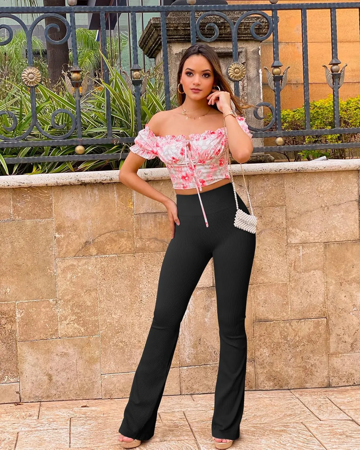 OQQ Women's 2 Piece Yoga Pants Ribbed Seamless Workout High Waist Bell Bottoms Flare Leggings