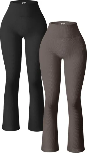 OQQ Women's 2 Piece Yoga Pants Ribbed Seamless Workout High Waist Bell Bottoms Flare Leggings