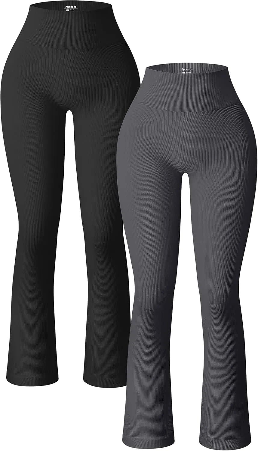 OQQ Women's 2 Piece Yoga Pants Ribbed Seamless Workout High Waist Bell Bottoms Flare Leggings