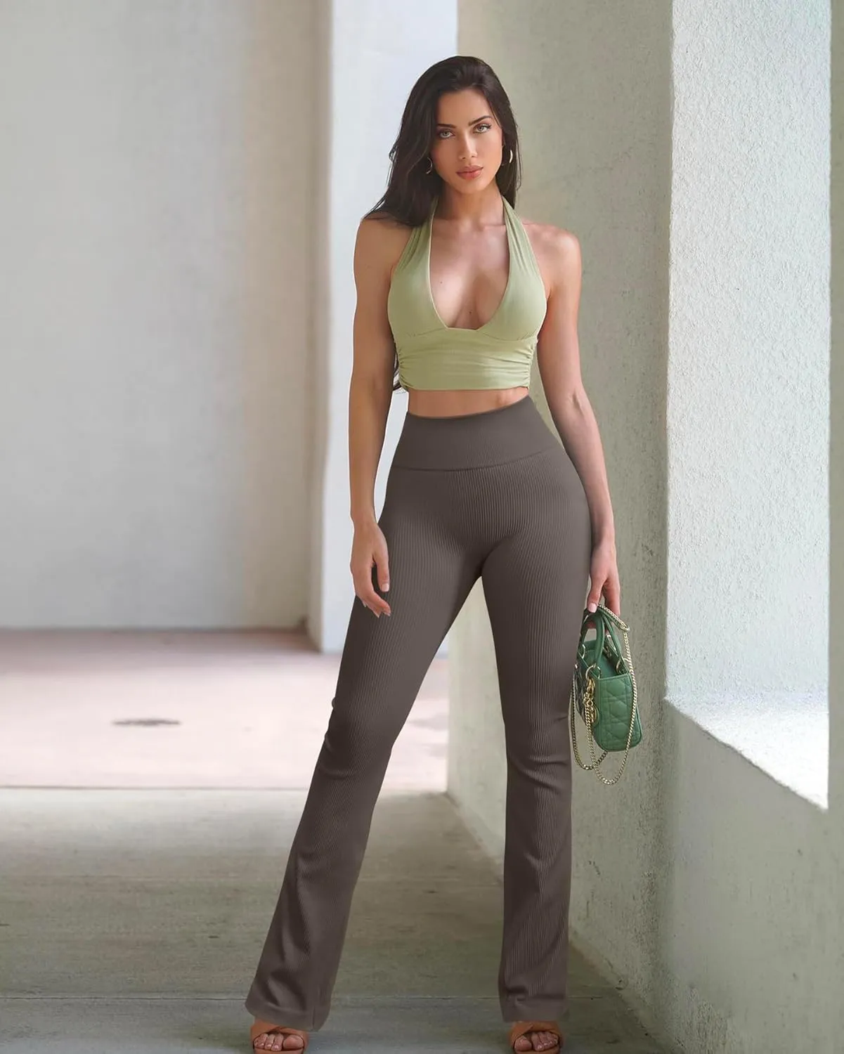 OQQ Women's 2 Piece Yoga Pants Ribbed Seamless Workout High Waist Bell Bottoms Flare Leggings