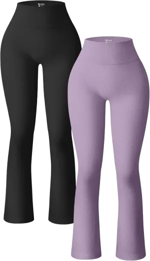 OQQ Women's 2 Piece Yoga Pants Ribbed Seamless Workout High Waist Bell Bottoms Flare Leggings