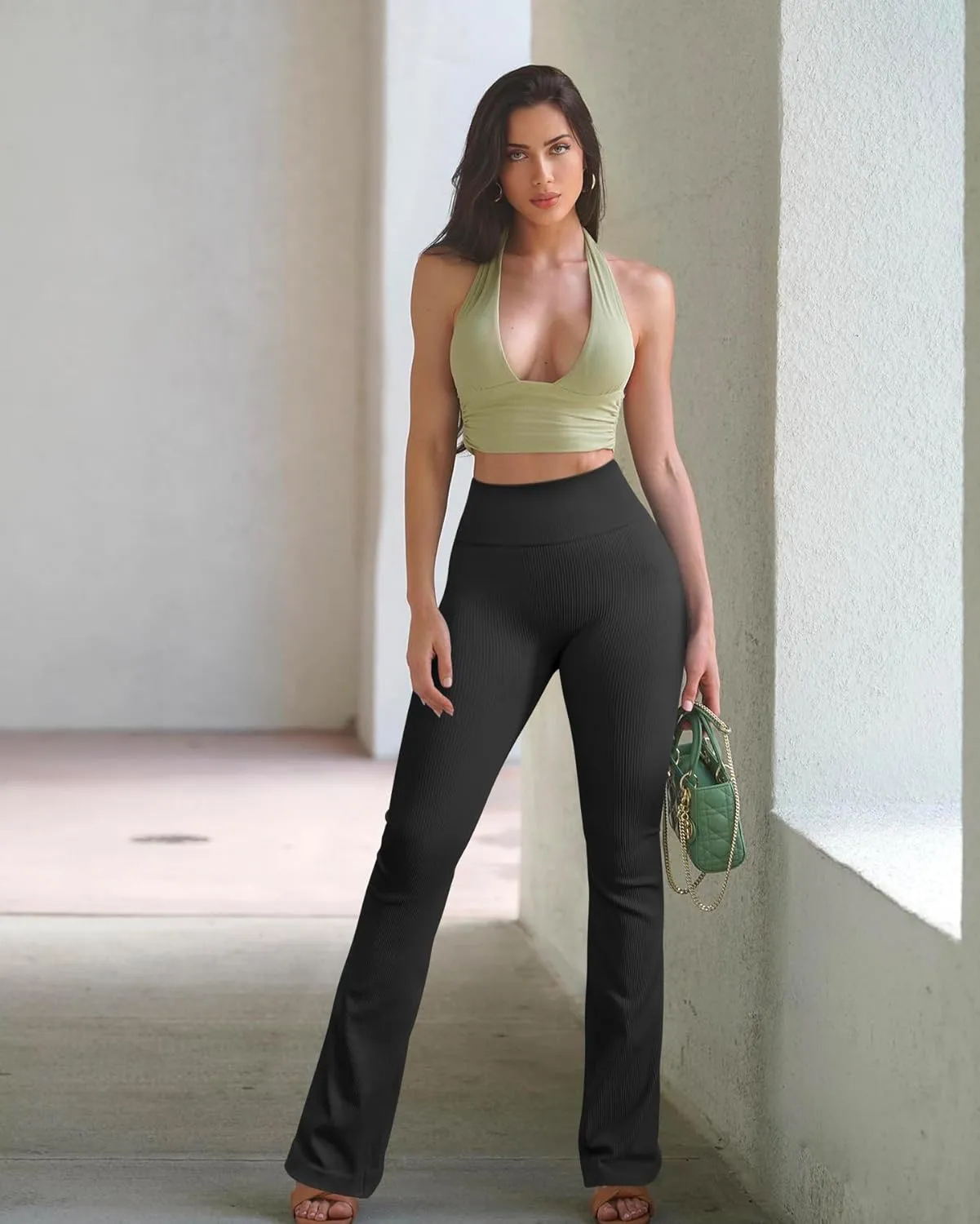 OQQ Women's 2 Piece Yoga Pants Ribbed Seamless Workout High Waist Bell Bottoms Flare Leggings