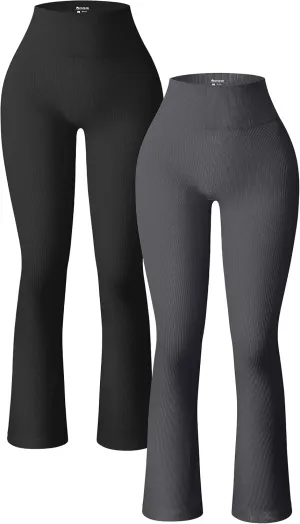 OQQ Women's 2 Piece Yoga Pants Ribbed Seamless Workout High Waist Bell Bottoms Flare Leggings