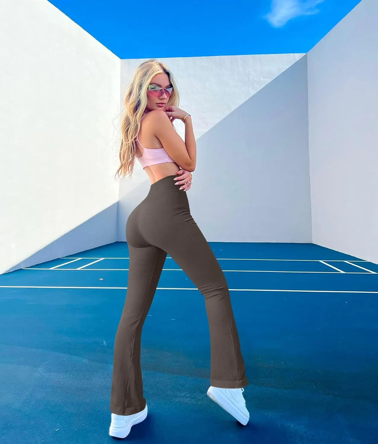 OQQ Women's 2 Piece Yoga Pants Ribbed Seamless Workout High Waist Bell Bottoms Flare Leggings