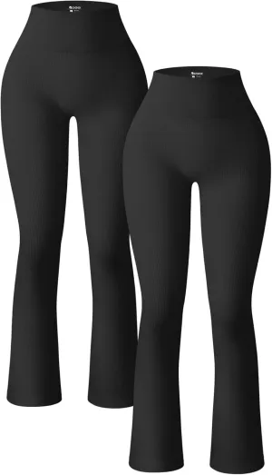 OQQ Women's 2 Piece Yoga Pants Ribbed Seamless Workout High Waist Bell Bottoms Flare Leggings