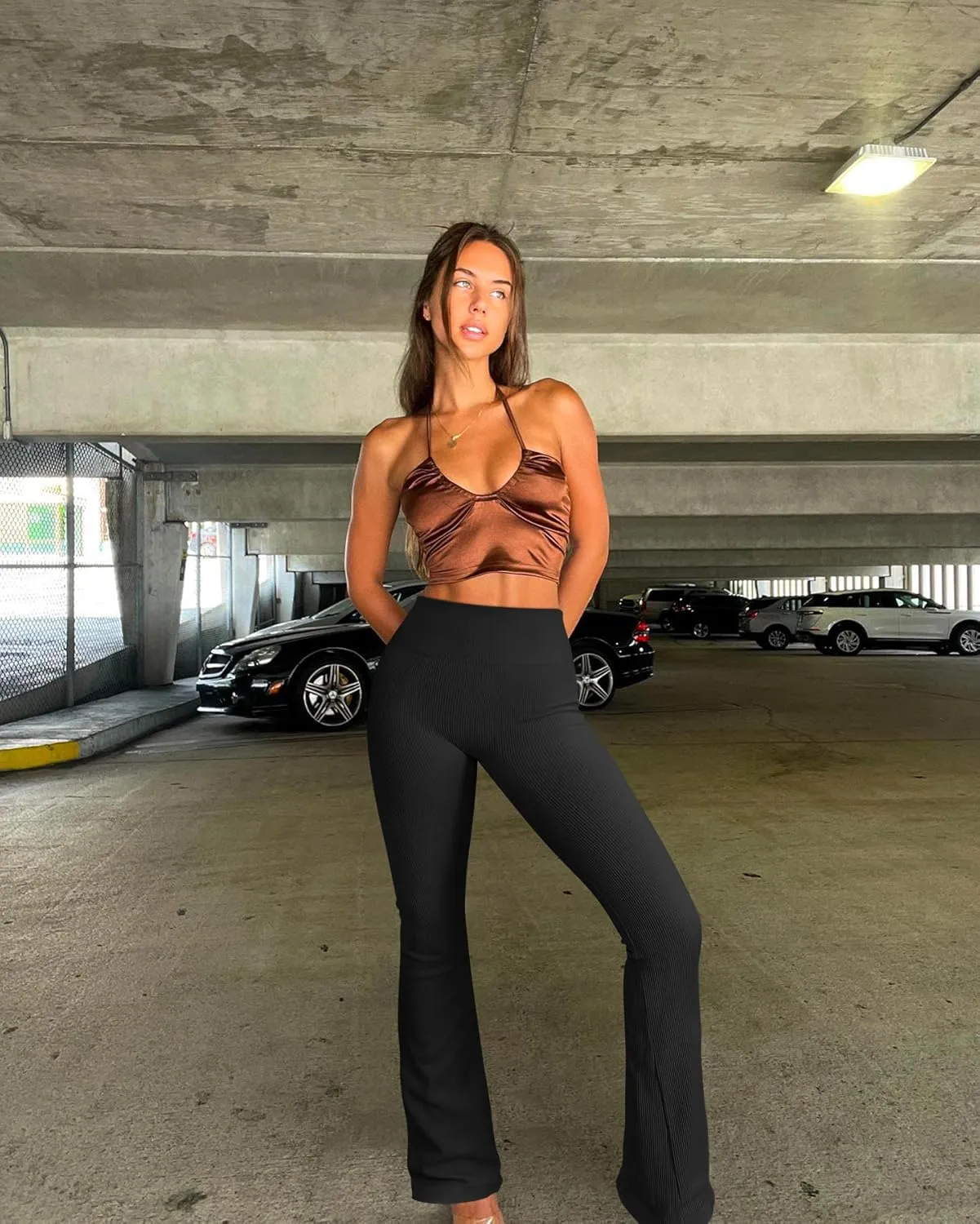 OQQ Women's 2 Piece Yoga Pants Ribbed Seamless Workout High Waist Bell Bottoms Flare Leggings