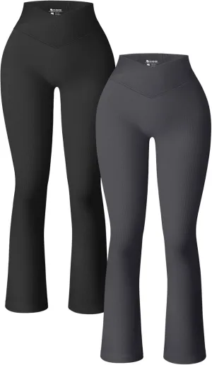 OQQ Women's 2 Piece Yoga Pants Ribbed Seamless Workout High Waist Cross Over Bell Bottoms Exercise Flare Leggings