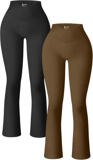 OQQ Women's 2 Piece Yoga Pants Ribbed Seamless Workout High Waist Cross Over Bell Bottoms Exercise Flare Leggings
