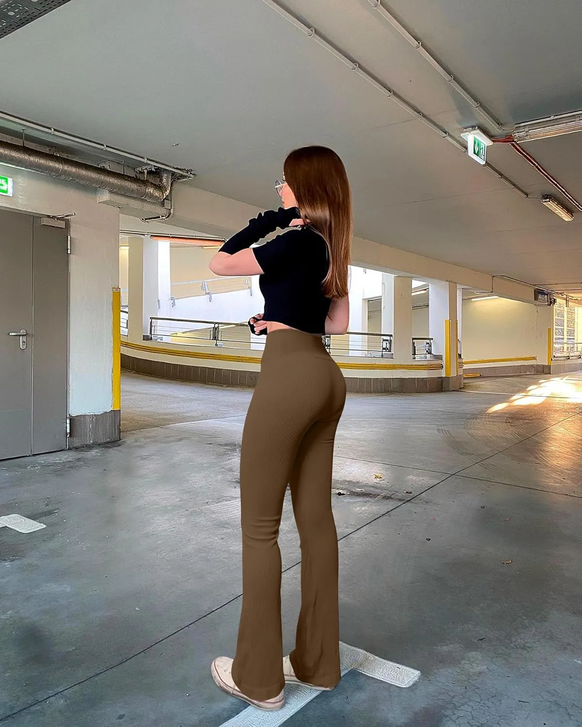 OQQ Women's 2 Piece Yoga Pants Ribbed Seamless Workout High Waist Cross Over Bell Bottoms Exercise Flare Leggings