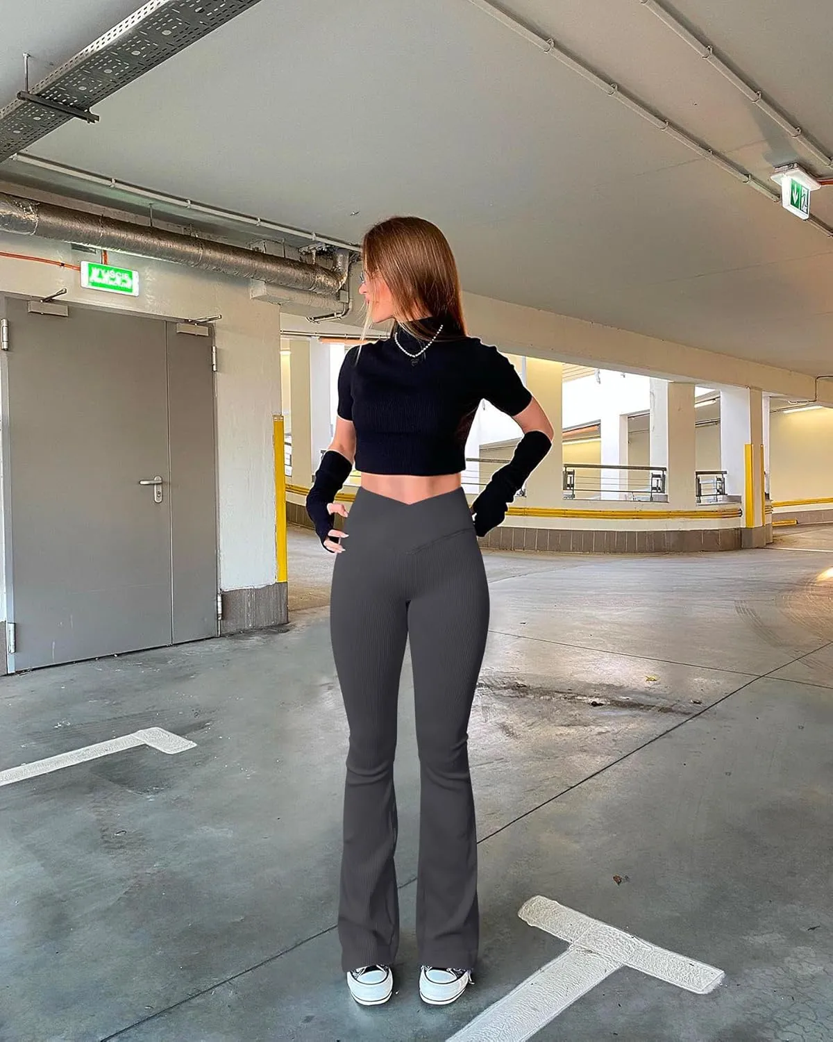 OQQ Women's 2 Piece Yoga Pants Ribbed Seamless Workout High Waist Cross Over Bell Bottoms Exercise Flare Leggings