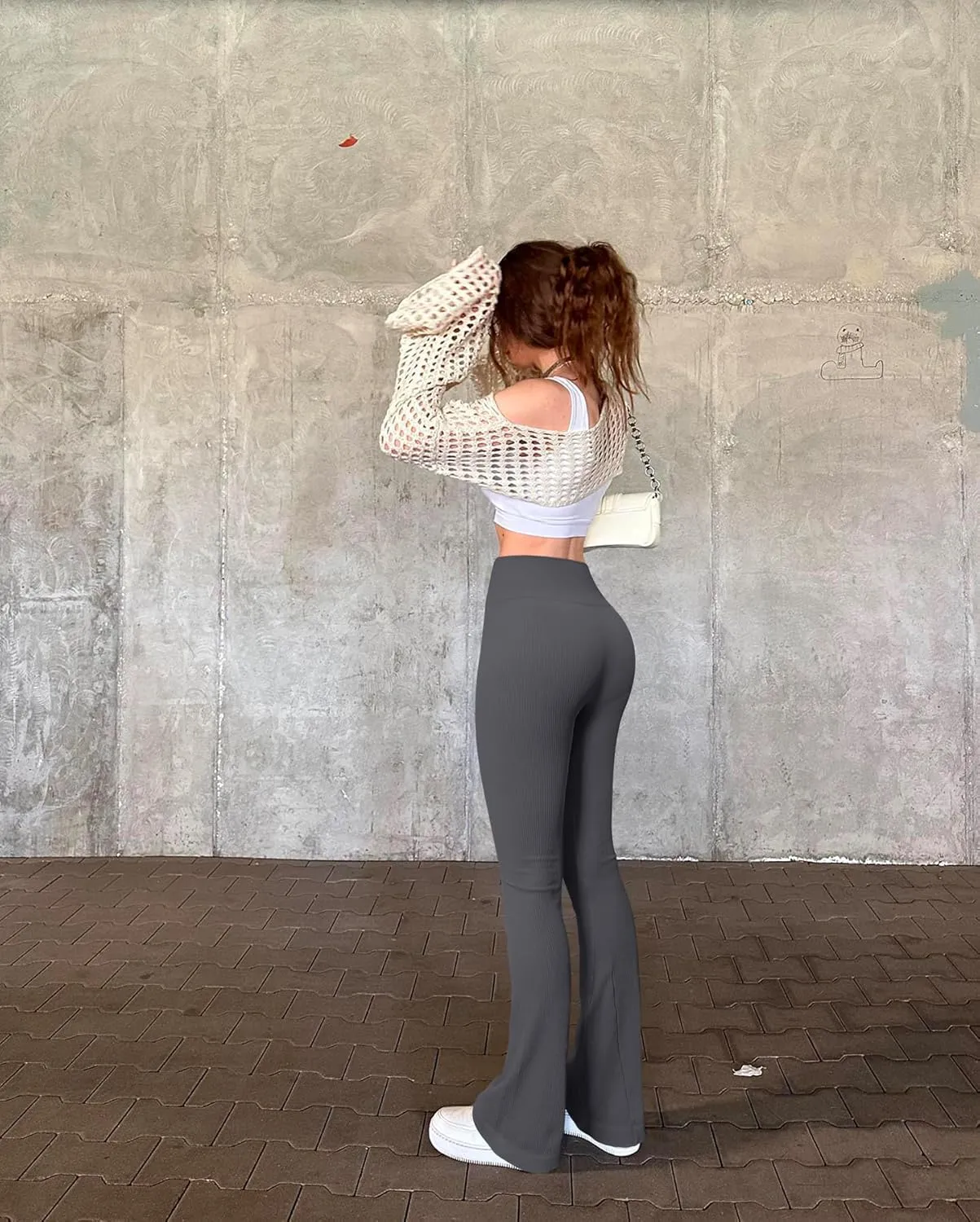 OQQ Women's 2 Piece Yoga Pants Ribbed Seamless Workout High Waist Cross Over Bell Bottoms Exercise Flare Leggings