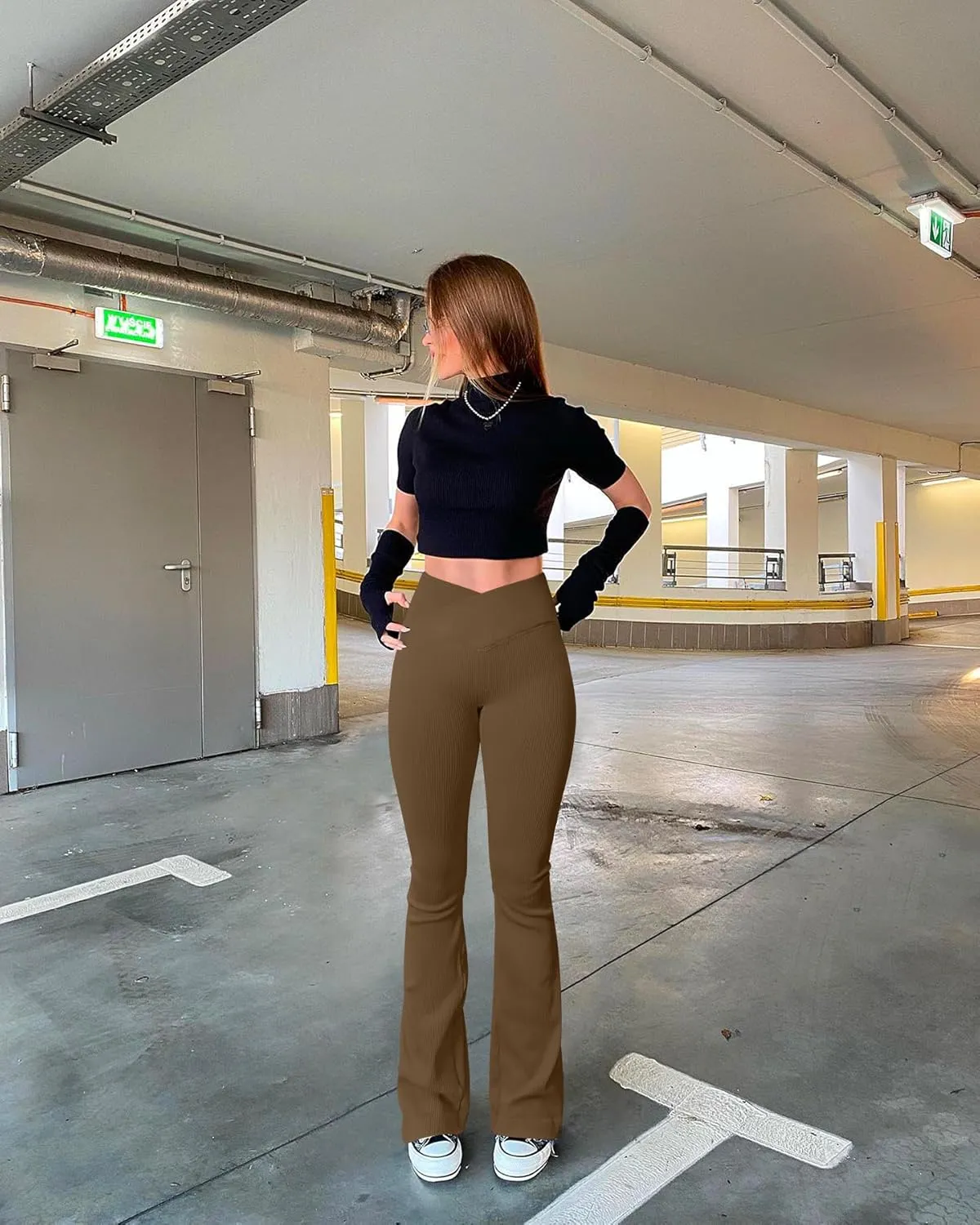 OQQ Women's 2 Piece Yoga Pants Ribbed Seamless Workout High Waist Cross Over Bell Bottoms Exercise Flare Leggings
