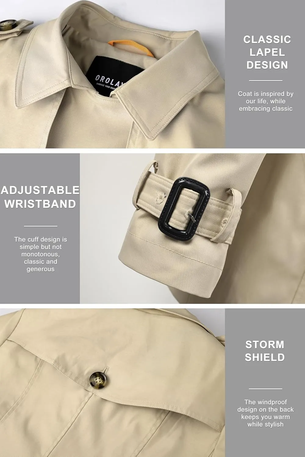 Orolay Women's Double Breasted Trench Coat Windbreaker Jacket with Belt