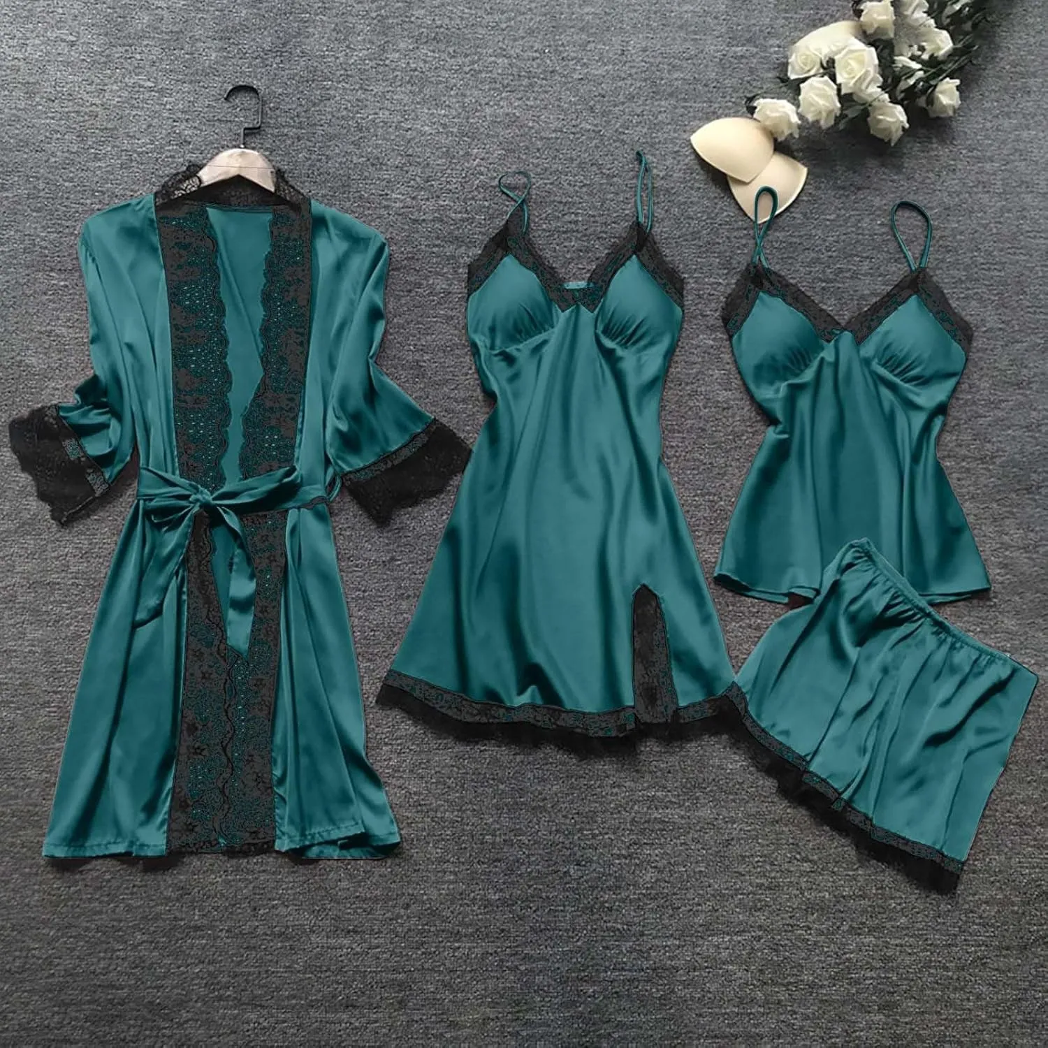 Pajamas for Women Silk Pajama Set 4pcs Robe Lingerie Satin Sleepwear Nightdress Lace Nightgown Sexy Set
