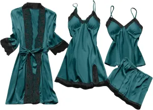 Pajamas for Women Silk Pajama Set 4pcs Robe Lingerie Satin Sleepwear Nightdress Lace Nightgown Sexy Set