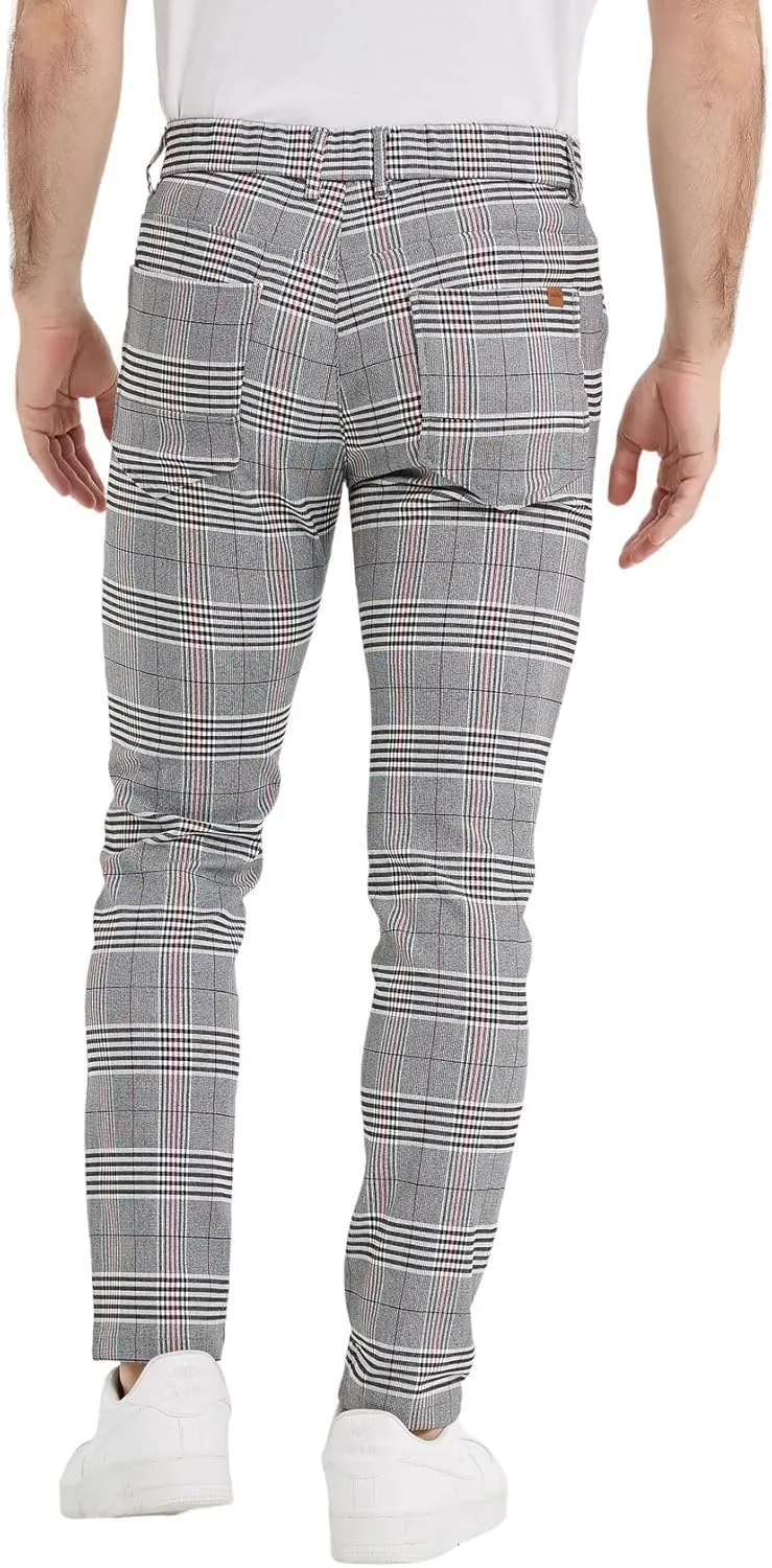 Plaid&Plain Men's Plaid Pants Skinny Dress Pants for Men Skinny Chino Pants Men