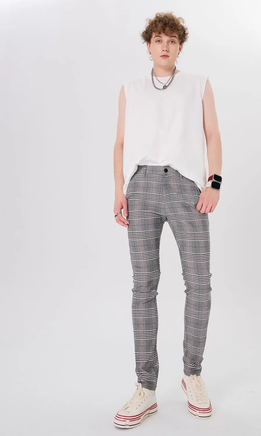 Plaid&Plain Men's Plaid Pants Skinny Dress Pants for Men Skinny Chino Pants Men