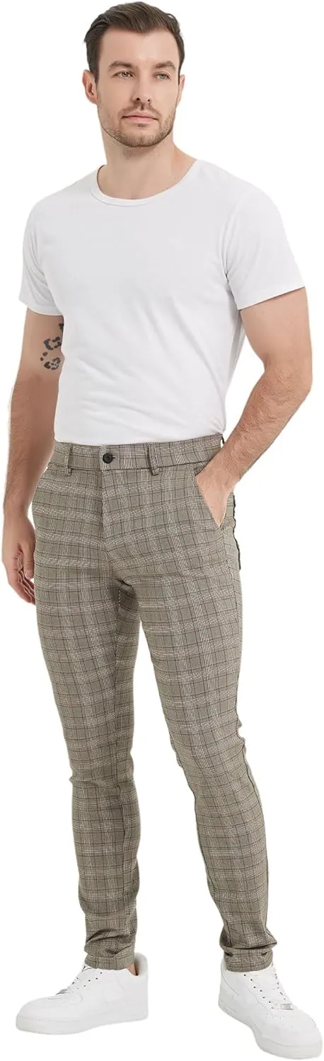 Plaid&Plain Men's Plaid Pants Skinny Dress Pants for Men Skinny Chino Pants Men