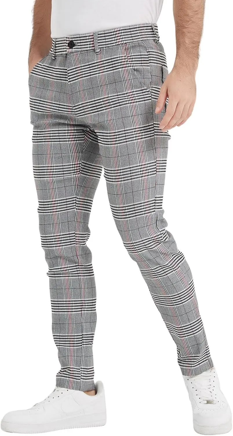 Plaid&Plain Men's Plaid Pants Skinny Dress Pants for Men Skinny Chino Pants Men