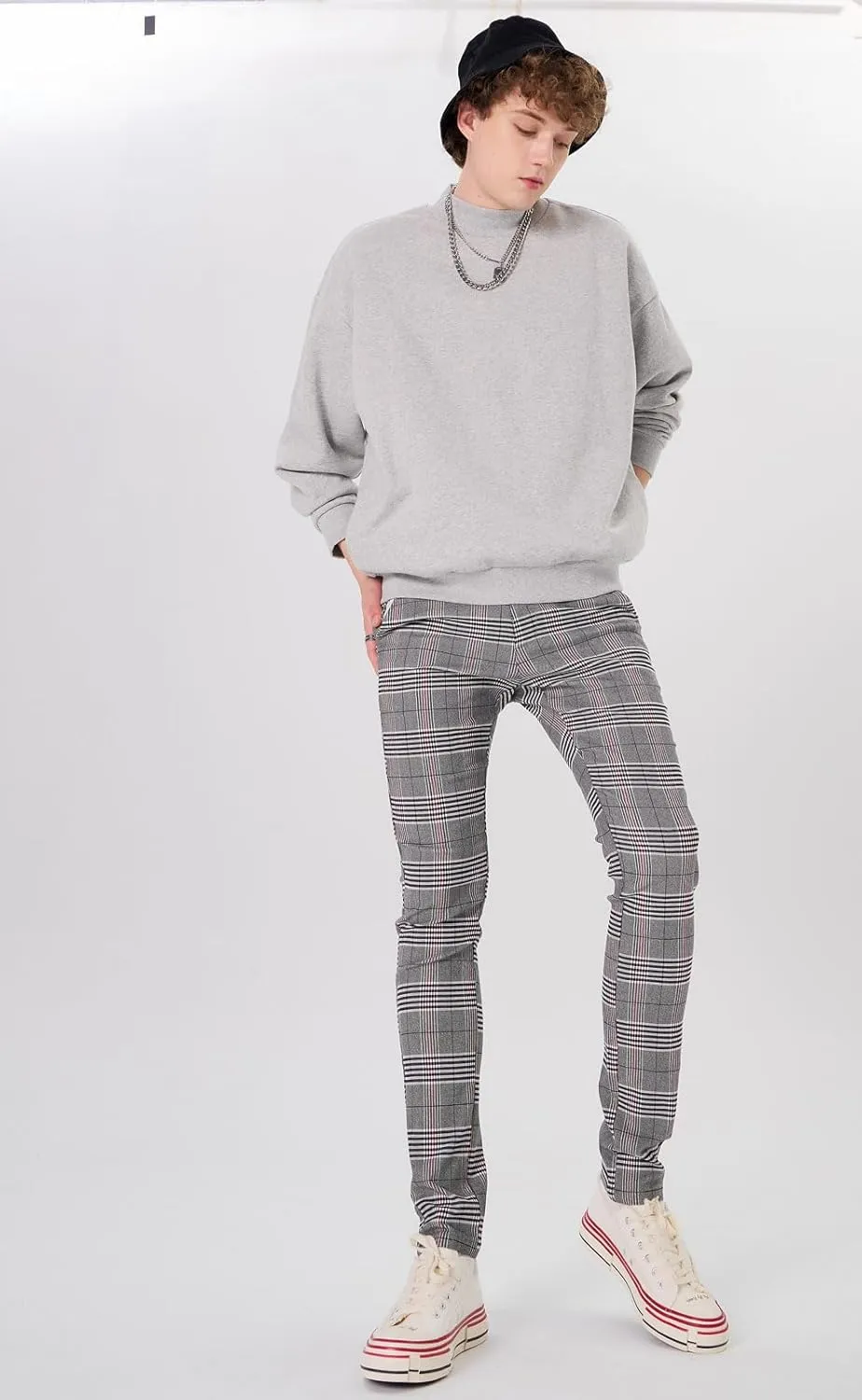 Plaid&Plain Men's Plaid Pants Skinny Dress Pants for Men Skinny Chino Pants Men