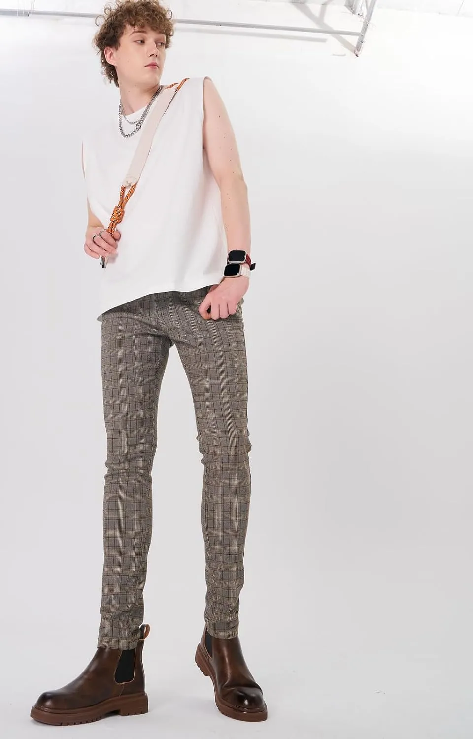 Plaid&Plain Men's Plaid Pants Skinny Dress Pants for Men Skinny Chino Pants Men
