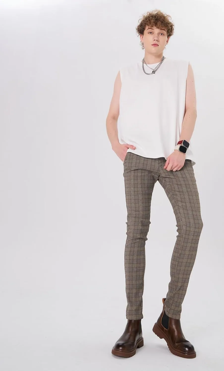 Plaid&Plain Men's Plaid Pants Skinny Dress Pants for Men Skinny Chino Pants Men