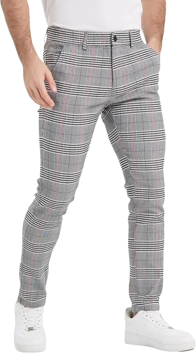 Plaid&Plain Men's Plaid Pants Skinny Dress Pants for Men Skinny Chino Pants Men