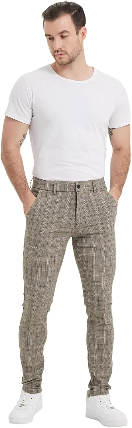 Plaid&Plain Men's Plaid Pants Skinny Dress Pants for Men Skinny Chino Pants Men