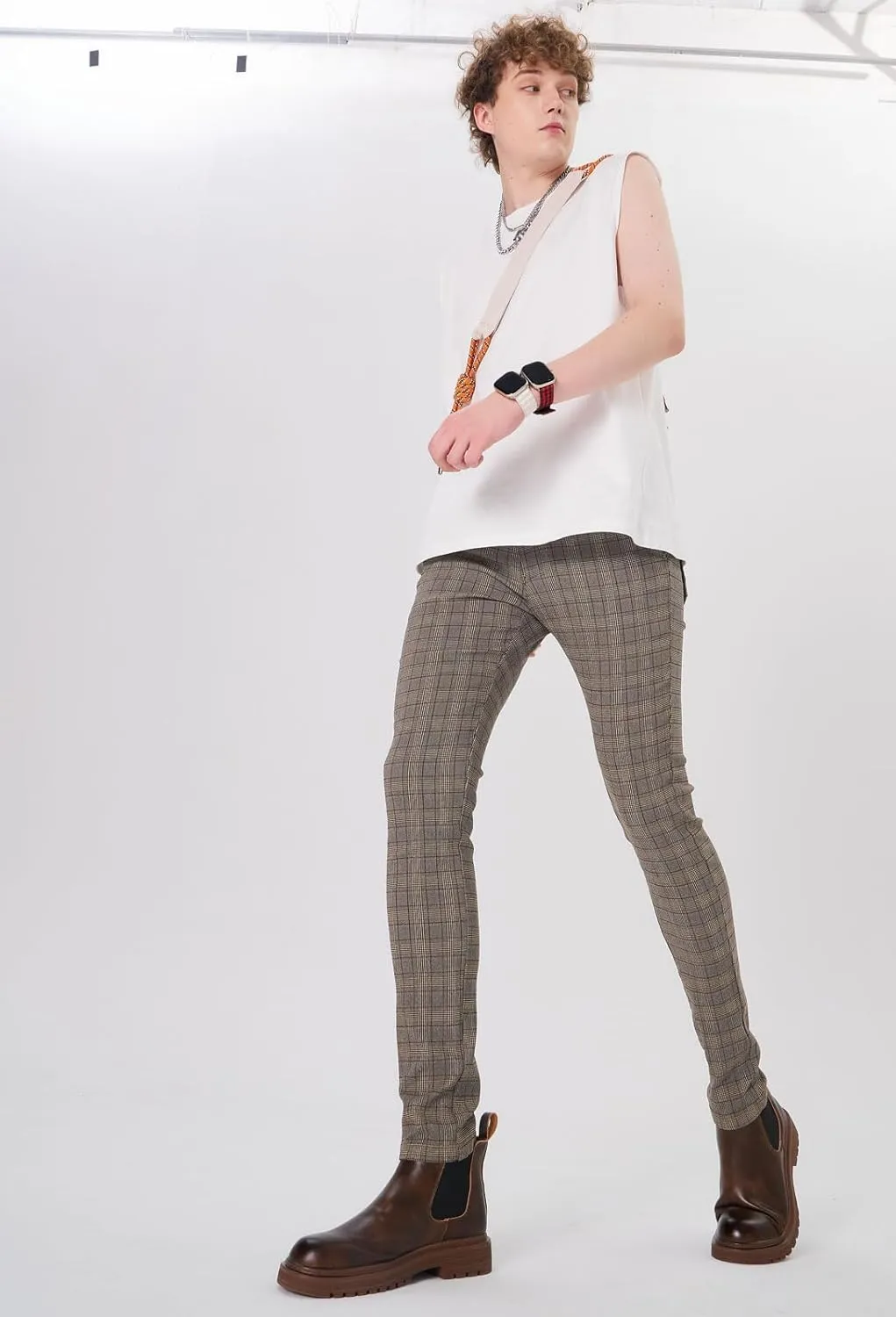 Plaid&Plain Men's Plaid Pants Skinny Dress Pants for Men Skinny Chino Pants Men
