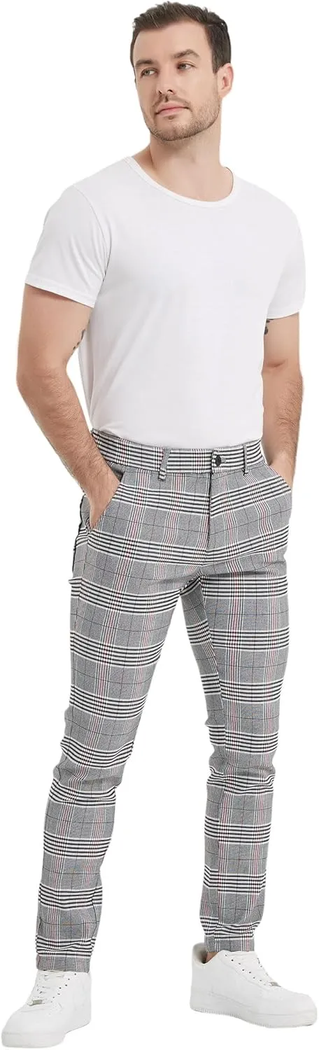 Plaid&Plain Men's Plaid Pants Skinny Dress Pants for Men Skinny Chino Pants Men